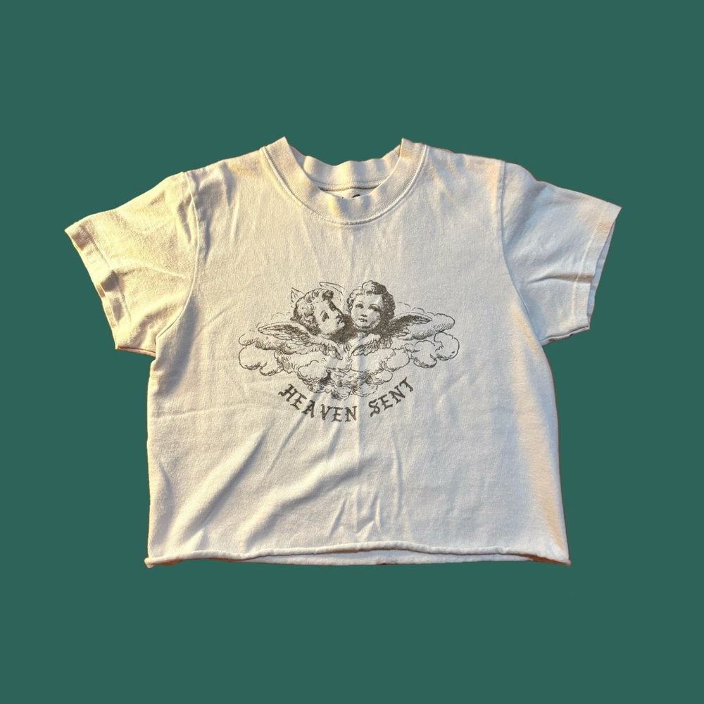 Brandy Melville Heaven Sent Short Sleeve Cropped Graphic Tee Cream Colored